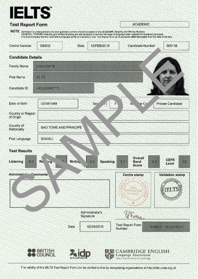 نمونهای از کارنامه آزمون آیلتس